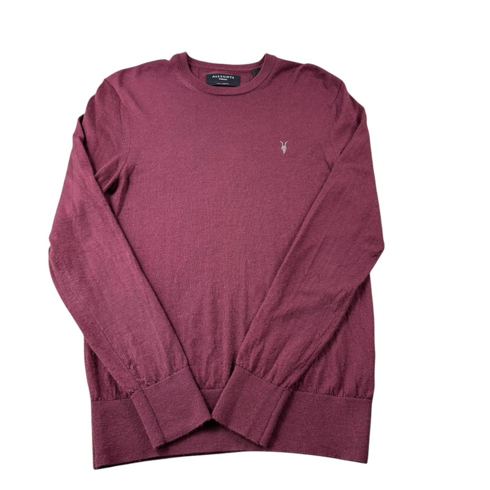 AllSaints Maroon Mode Merino Wool Crewneck Ramskull Logo Mens Sweater Medium
